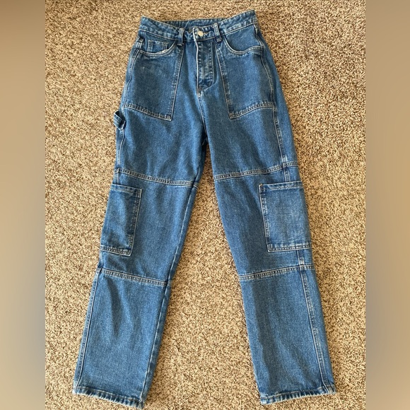 Shein Jeans Womens Size Medium Blue Straight Wide Leg Outdoors Cargo Utility - Picture 13 of 14
